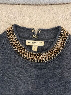 Burberry Gray Crewneck Sweater with Gold Chain Collar